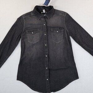 Calvin Klein Jeans Shirt Womens Size‎ XS Pearl Snap Long Sleeve Black